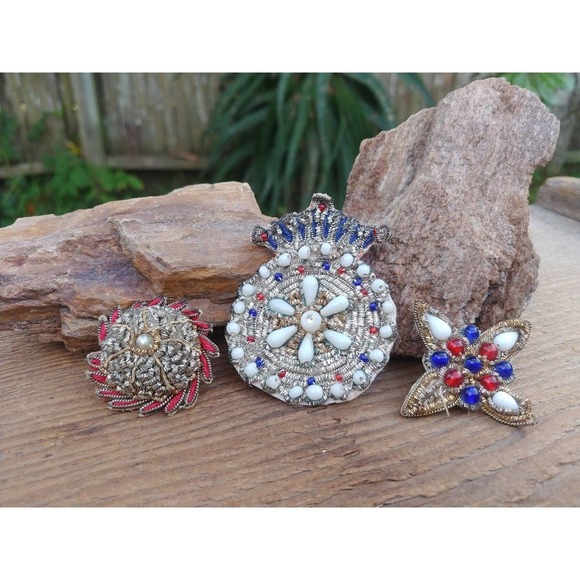 Vintage India Embroidered Brooch Pin Lot - Picture 1 of 9